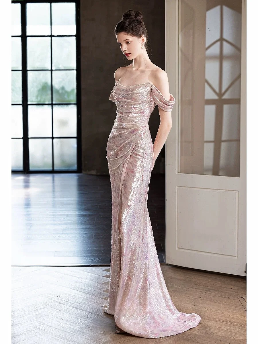 

Luxury Pink Prom Dress Mermaid Strapless Off Shoulder Sequins Court Train Beading Formal Evening Cocktail Toast Party Gowns