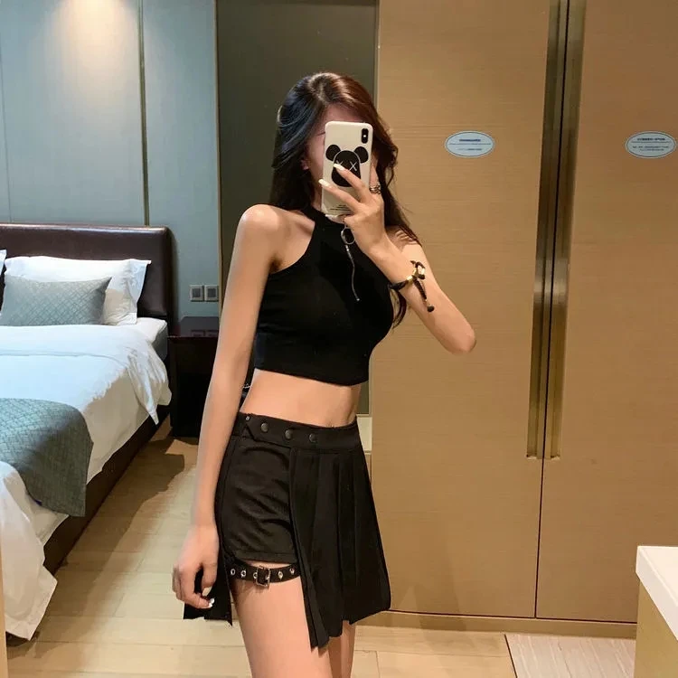 2024 Punk Mall Goth Shorts Skirt Women Y2k E-girl Streetwear Harajuku Leg Ring Buckle Detachable High Waist Emo Alt Clubwear