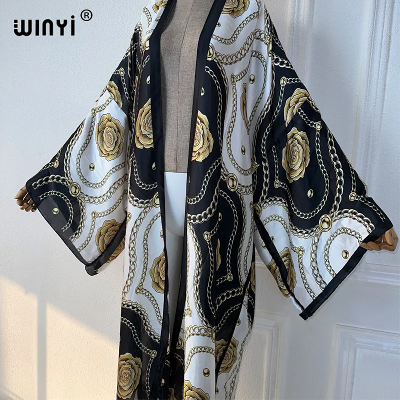 Winyi Zomer Outfit Kimono Afrika Bloemenprint Strand Cover Up Maxi Jurk Vesten Strandkleding Vrouwen 2024 Abaya Dubai Luxe