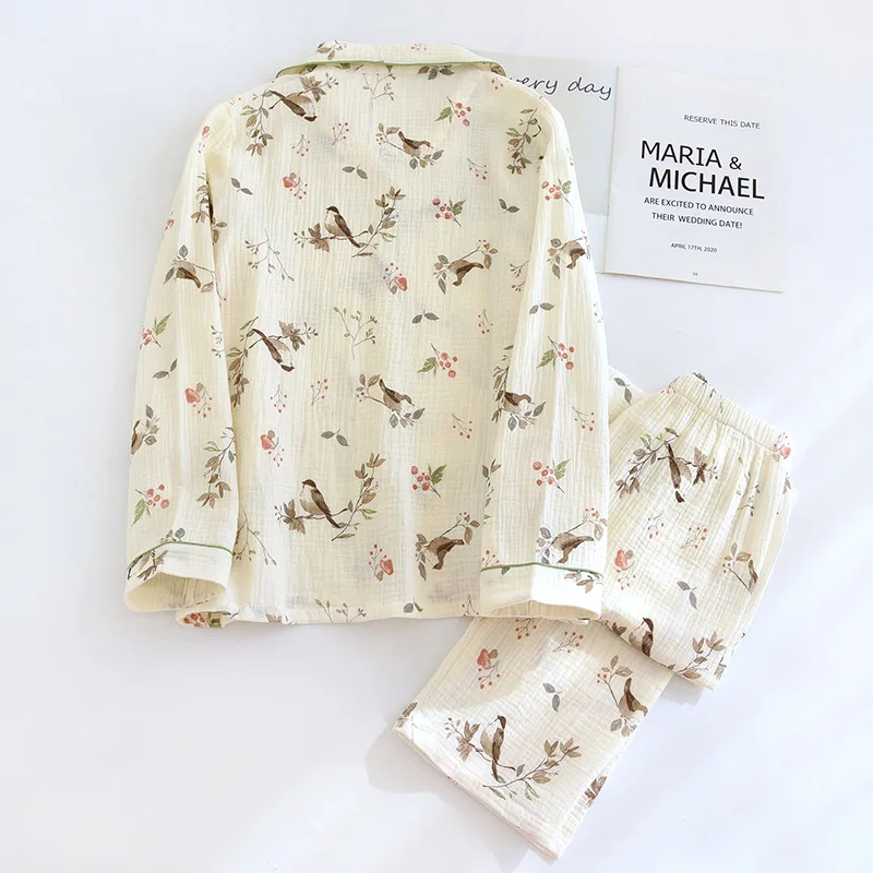 2026 New Spring and Autumn Women\'s Pajama Set 100% Cotton Crepe Long Sleeve Long Pants Two Piece Set Loose Enlarged Home Clothes
