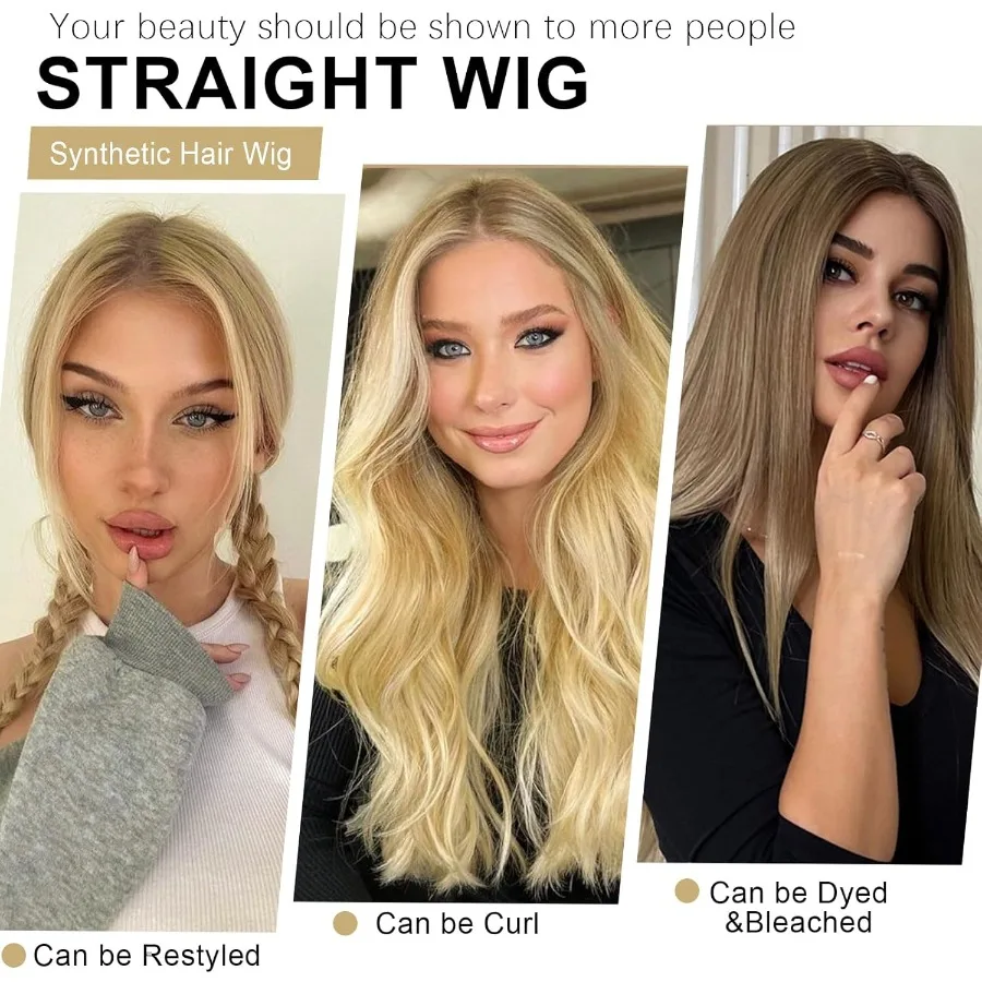 Pelucas rubias largas Xinran para mujer, Rubio claro y blanco con reflejos, peluca de encaje, línea de cabello de parte media, peluca completa sintética Natur