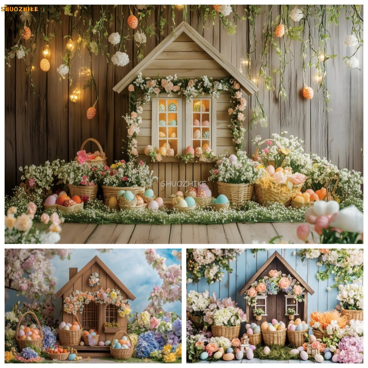 

Spring Easter Backdrop Wooden House Flowers Eggs Birthday Party Decor Kids Portrait Photography Background Photo Studio Props