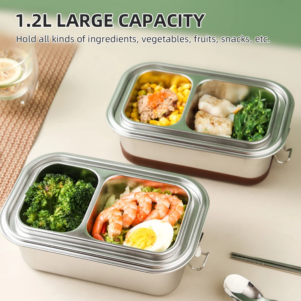 

304 Stainless Steel Lunch Box 1.2L Double Layer 3 Compartments Bento Box with Silicone Bottom Large Capacity Picnic Boxes