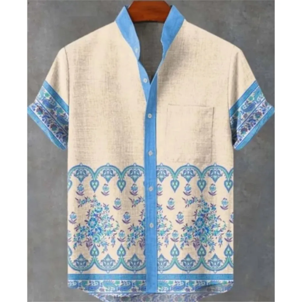 Moslim Kleding Heren 레트로 부족 토템 패턴 인쇄 남성용 리넨 편안한 패브릭 반팔 셔츠 부족 민족 스타일