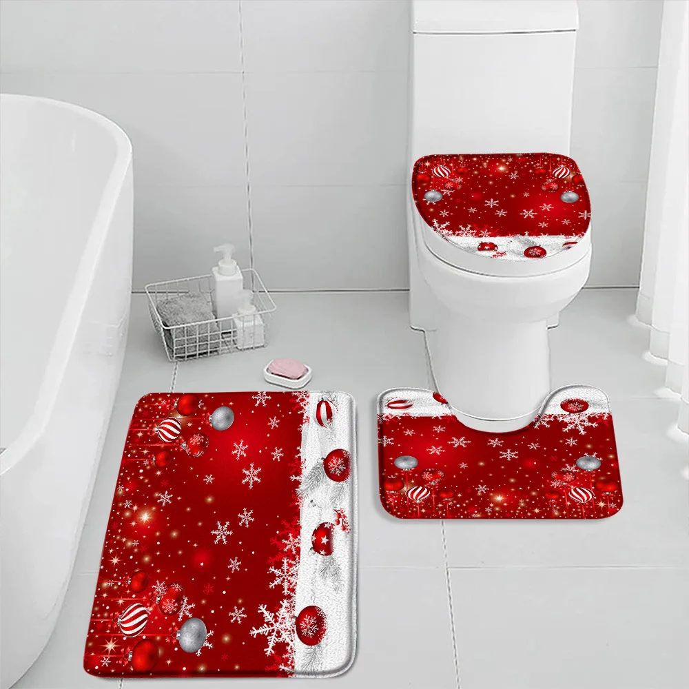 Red Christmas Bath Mat Set Silver Pine Branches Xmas Balls Stars Modern New Year Home Bathroom Decor Floor Rugs Toilet Lid Cover