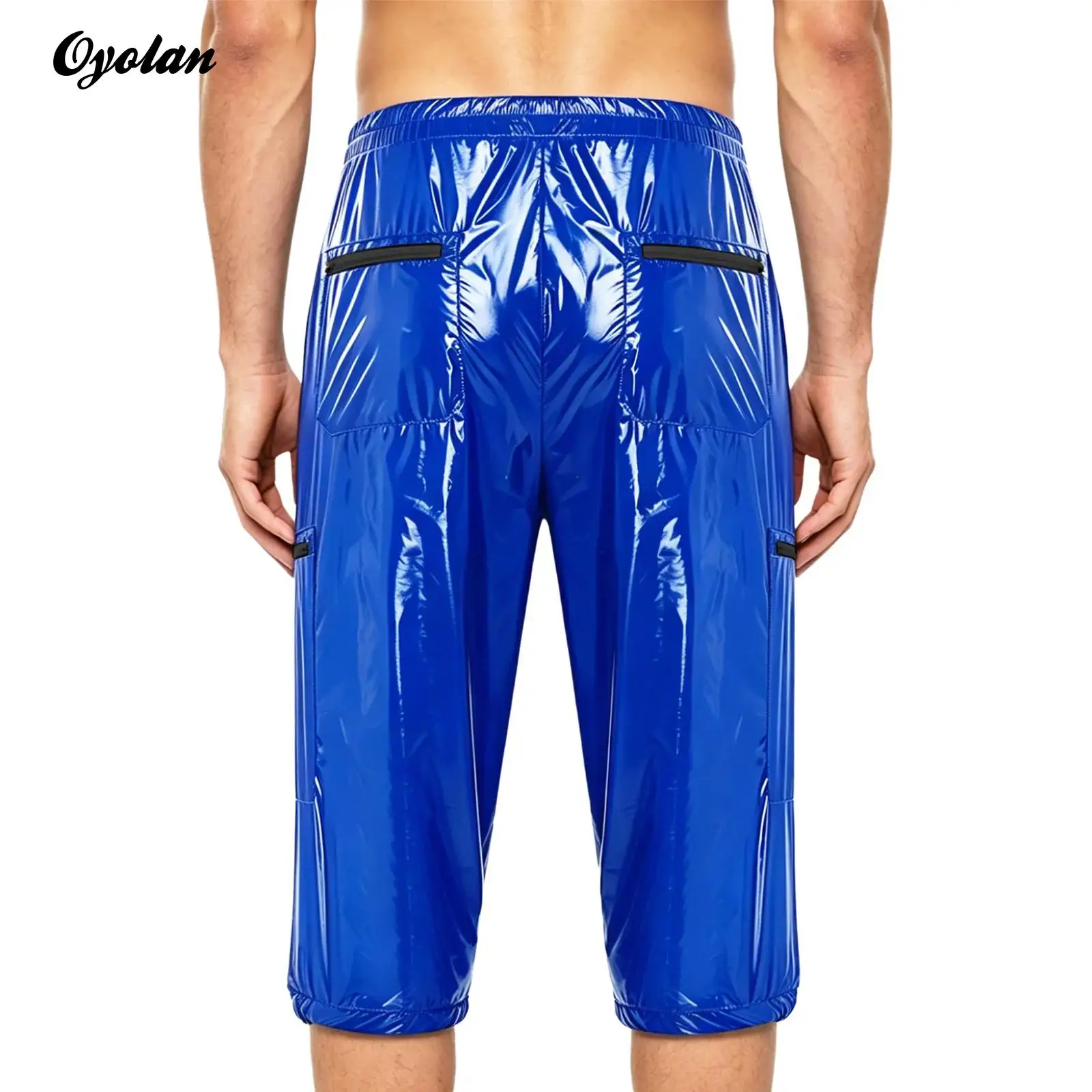 

Mens Glossy Overalls Cropped Capri Pants Waterproof Cargo Pants Shiny Multi-pocket Zippers Elastic Waist Band Shorts Clubwear