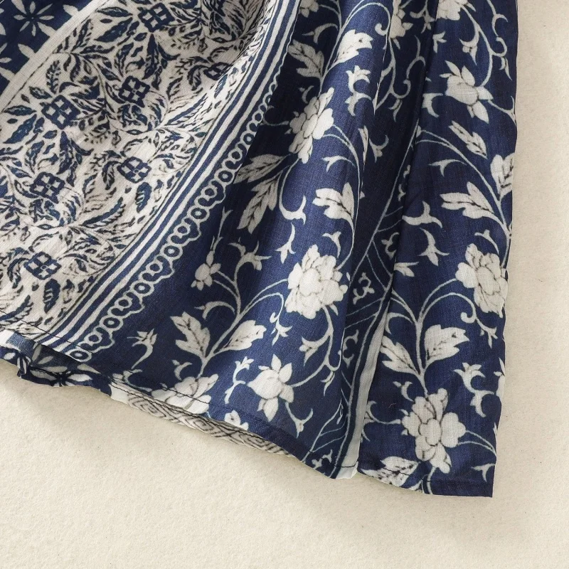 Ethnic Style Ramie Print Color Blocked Skirt For Women In Summer Elastic Waist Elegant Travel Long Elegant A-Line Skirt W639