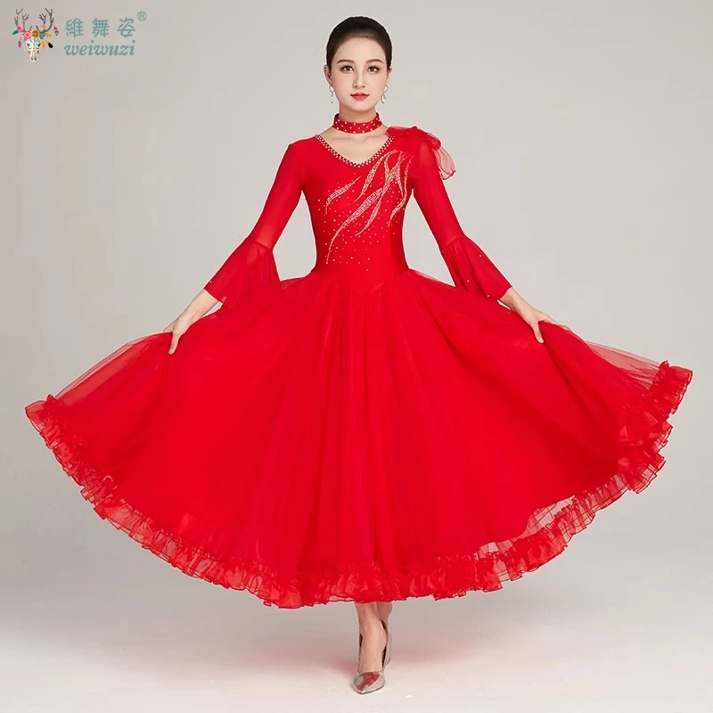 Modernes Tanzkostüm für Damen, High-End-Lotusblatt-Ärmel, Pendel, Walzer, Tango, Foxtrott, Performance, Ballsaal, Tanzwettbewerbskleid