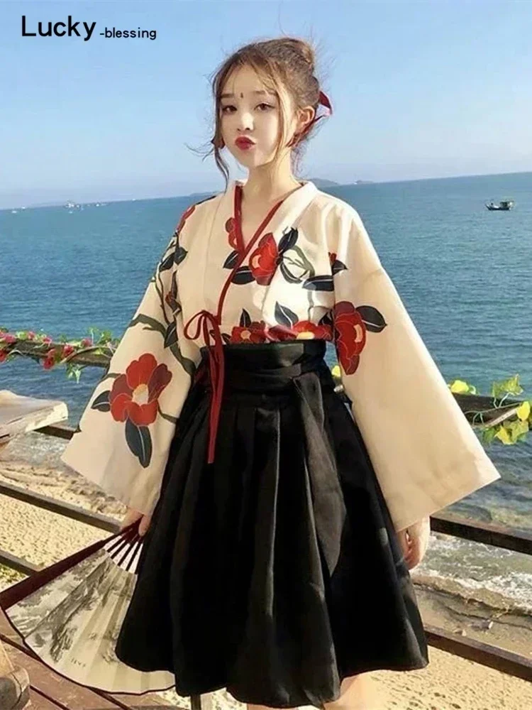 Japanese Style Floral Print Dress Long Kimono Skirt Kawaii Clothing Girls Party Robe Set Vintage Costume Asian Cosplay Women New