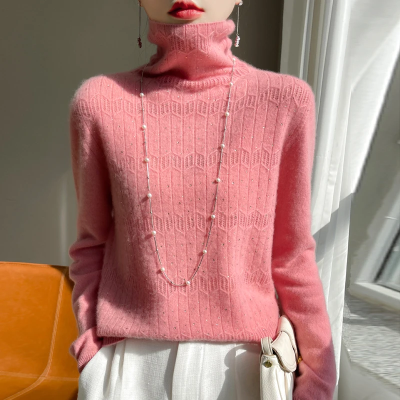 100% Merino wool sweater solid color hollow high neck autumn and winter new ladies knitted cashmere sweater top.