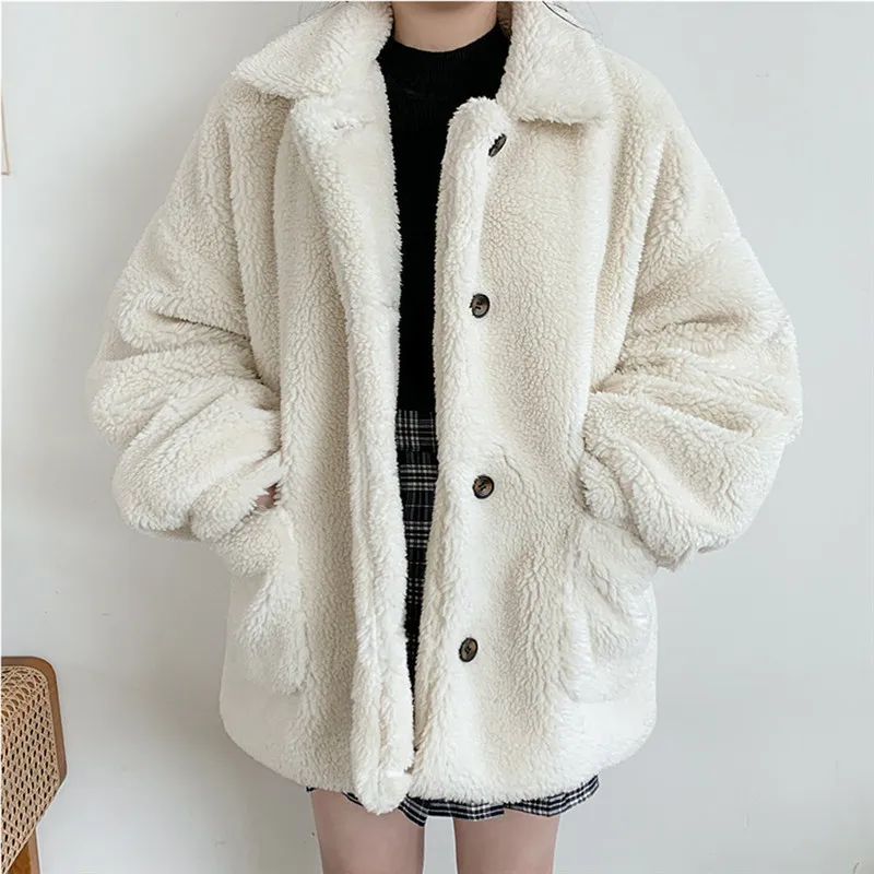 Lamb Fur Jaet Women's Loose Square Collar Single Button Autumn Winter New Small Size Student Faion Outerwear Coat