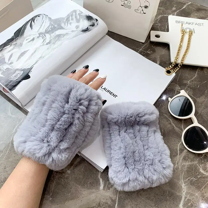 Lady Winter 100% Natural Real Rex Rabbit Fur Glove Women Soft Rex Rabbit Fur Glove Foashion Warm Knitted Genuine Fur Gloves