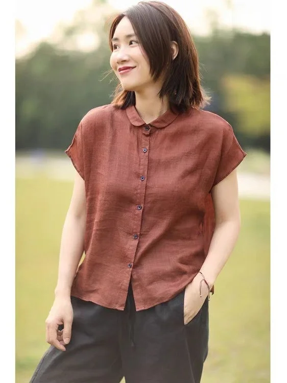 เสื้อผ้าลินินแท้สำหรับผู้หญิง ทรงหลวม สไตล์ญี่ปุ่น รุ่นใหม่ประจำปี 2025 สำหรับฤดูร้อน ผ้าลินินถักลายศิลปะ