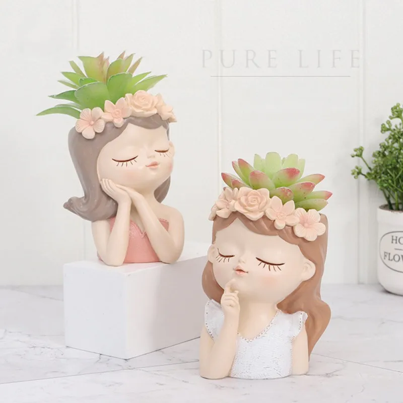 3D Resin Flower Pots Cartoon Beauty Girl Succulents Plant Pot Garden Cactus Planter Indoor Outdoor Plant Containers Flowerpot