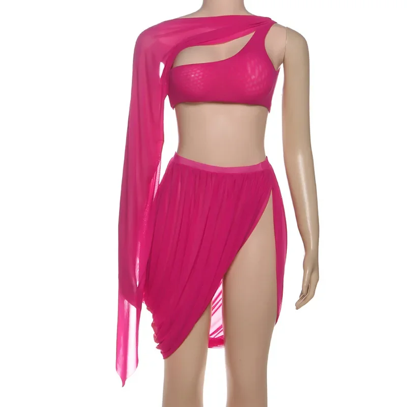 Women Sexy Mesh 2 Piece Set 2025 Autumn See Through One Shoulder Shawl Sleeve Crop Tops + Ruched Split Asymmetrical Mini Skirts