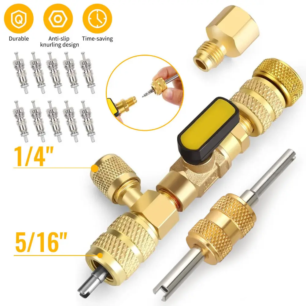 

R410/R22 Valve Core Remover Installer Kit With 10PCS 5V1 Valve Cores Dual Size 1/4" 5/16" Port HVAC System Tools Kit