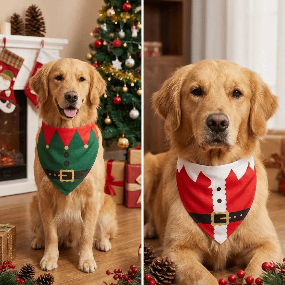 Adjustable Christmas Dog Bandanas Red Green Polyester Santa Elf Triangle Bib Scarf Kawaii Tie-on Pet Neck Scarf