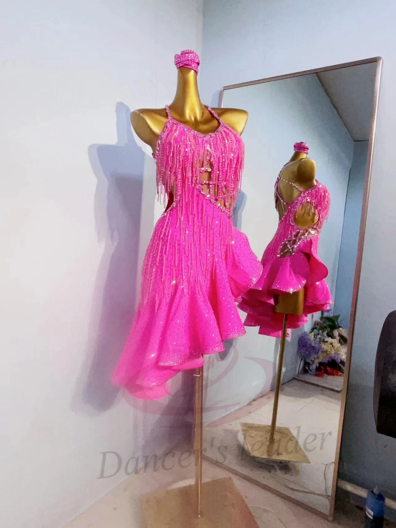 Latin Dance Competition Color Version High-end Custom Hanging Neck with Diamond Pink Skirt Samba Performance Blackpool dress