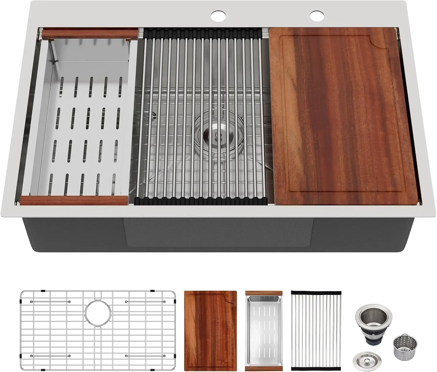 33x22 Drop in Kitchen Sink All in One Workstation 16 Gauge Stainless Steel Single Bowl 9