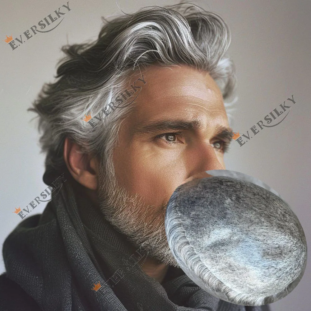 6 Zoll Old Man 1b80 1b65 Graue Echthaarperücken mit natürlichem Haaransatz, langlebigem Poly-PU-Haut-Toupet für Männer, Haarprothese, Haarteil – Detail 1