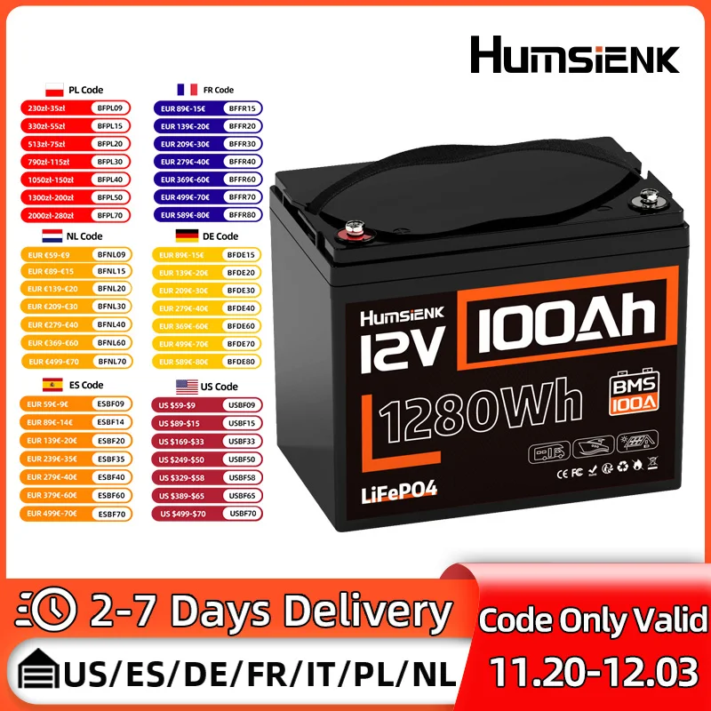 Humsienk 12V 100Ah LiFePO4 batterie 100A BMS stockage d'énergie domestique/alimentation extérieure batterie au Lithium fer Phosphate UL 1973