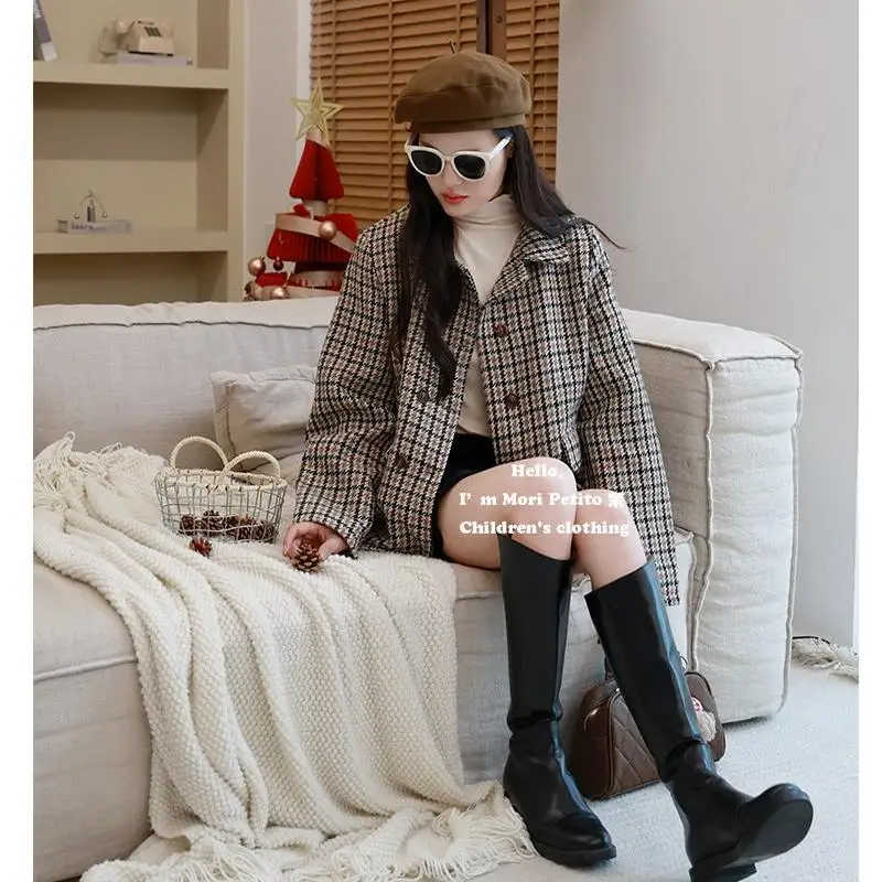 Vintage Girls Trench Coat Thousand Birds Gingham Coat Thickened Woolen English Autumn and Winter Fashion Clothes Coat Kid