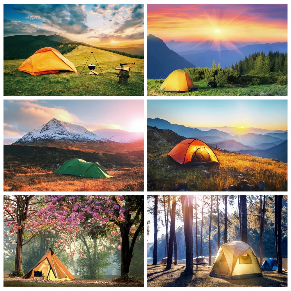 Outdoor Forest Camping Backdrop for Photography Camp Tent Bonfire Mountains Lake Travel Adventure Baby Portrait Photo Background