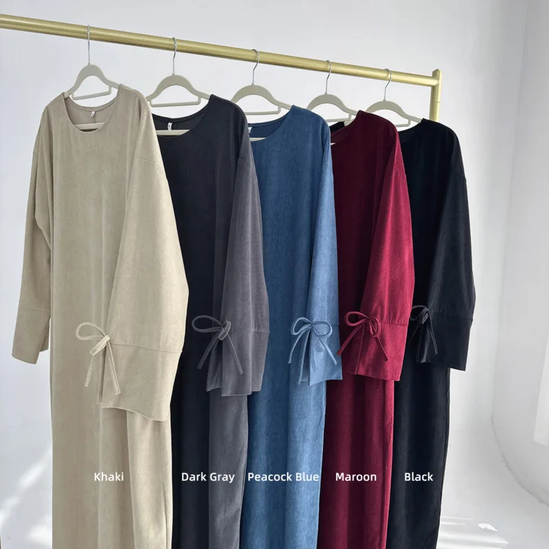 Bowknot Decorations Corduroy Abaya Muslim Women Dress, O Neck Side Pockets, Warm Loose Modest Islam Hijabi Robe, Ramadan, Autumn