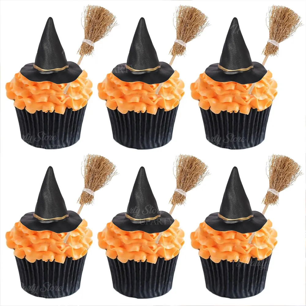12 Stück Halloween Hexenhut Cupcake Topper Harz Hexenhüte Besen Kuchen Topper für Zauberer Geburtstag Happy Halloween Kuchen Dekor Favo – Detail 1