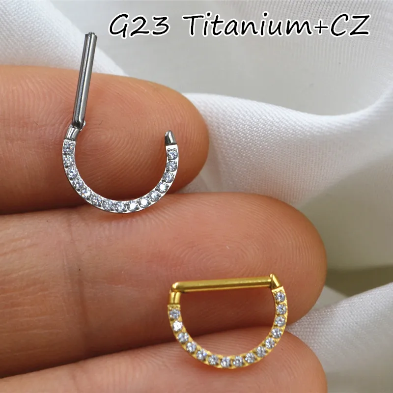 10pcs G23 ASTM F136 Titanium CZ D Ring Nose Hoop Septum Clicker Ring Earring Lip Ear Tragus Helix Cartilage 16G Body Piercing