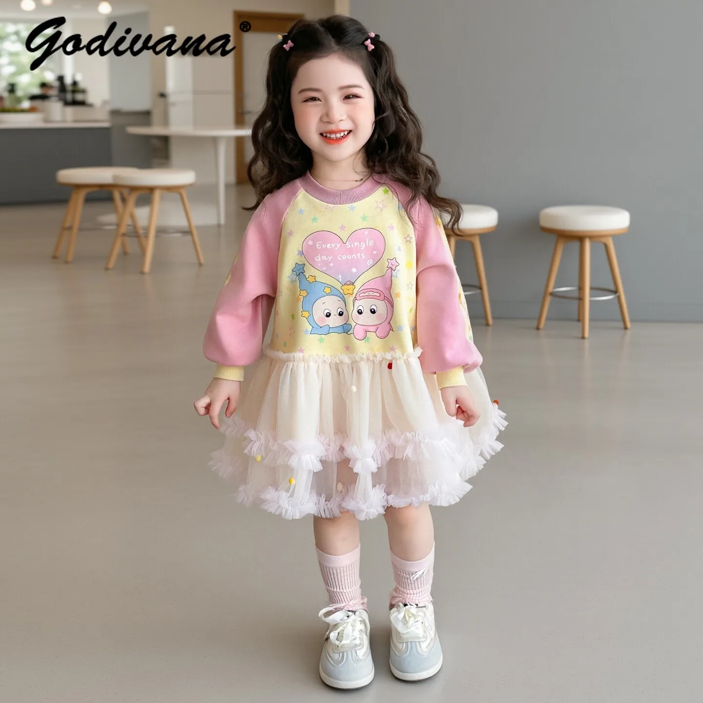 Sweet Girls Spring Fashion Dress Cute Cartoon Print Mesh Patchwork Sweatshirt Dress Baby Girl Lovely Long Sleeve Casual Dress