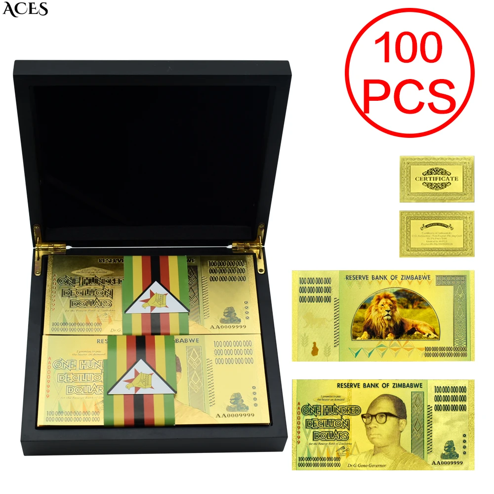 

100pcs Zimbabwe Gold Foil Banknotes One Hundred Decillion Dollars with Nice Wooden Box Home Decoration