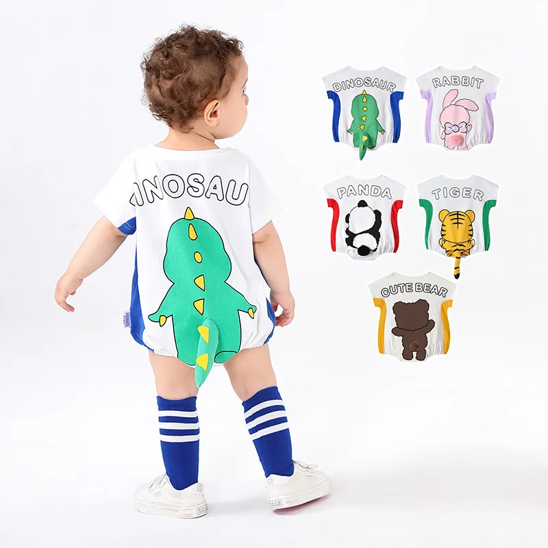 2023 Summer New 0-3 Years Old Baby Triangle Dinosaur Tiger Romper Animal Print Cute Super Cool Bear Panda Outerwear