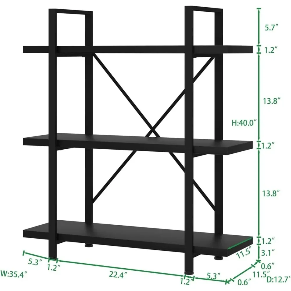 Industrial Small Metal Wooden Storage Book Shelves, 3 Tier Bookshelf, Anti-Tip Kits, Easy Assembly, Bookcases