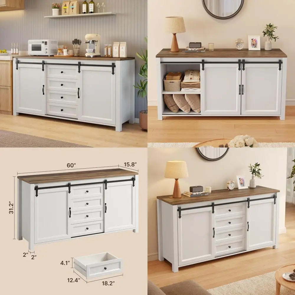 

60 Large Kitchen Buffet Sideboard with Storage and 31.2 Tall Coffee Bar Cabinet featuring 4 Drawers, Modern Buffet Table