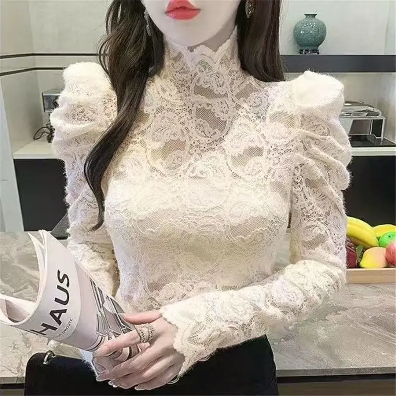 Elegant Lace Hollow Out Spliced Puff Sleeve Tops Shirt Autumn Winter Vintage Elegant Korean Turtleneck Mujer Sweet Lace Shirts