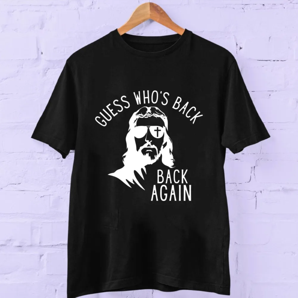 Guess Who's Back Again I'll Be Back Funny Easter Jesus Day Christian Funny Sunglasses Graphic for Humorous Faith Short-sleev