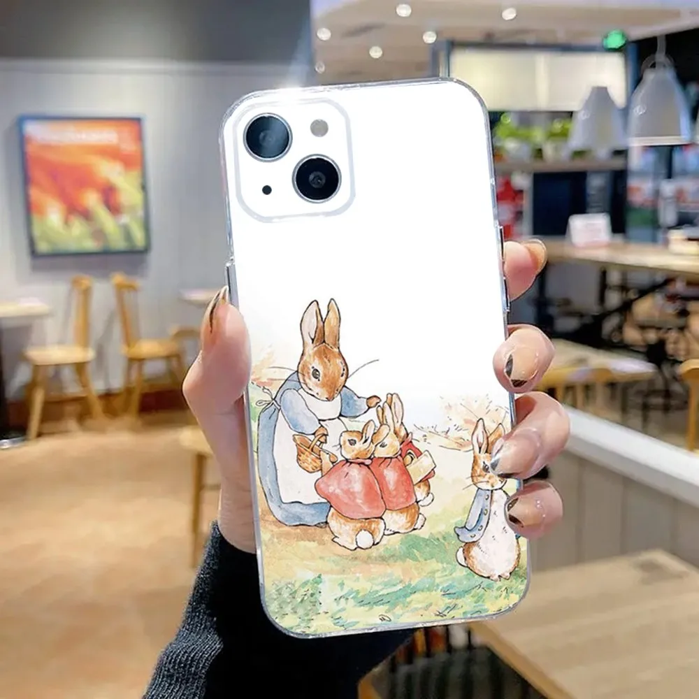 Bonita funda de teléfono P-Peter Rabbit para iPhone 15,14,13,12,11 Plus,Pro,Max,XR,XS,X,7,8 Plus,SE,Mini silicona transparente suave