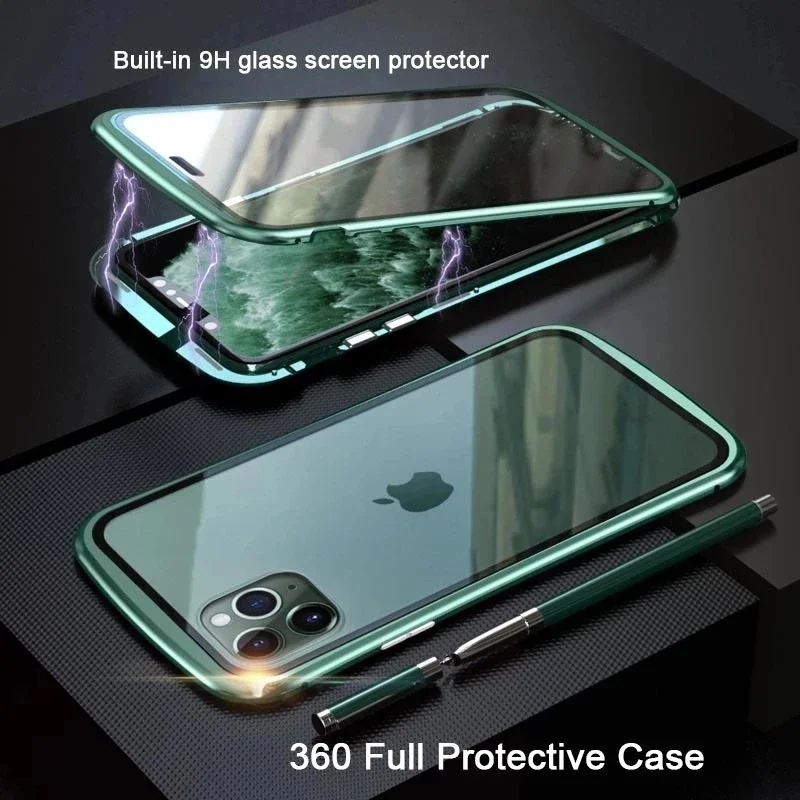 360°Full Protection Metal Magnetic Phone Case For IPhone 15 14 13 12 11 Pro Max X XS XR 8 7 Plus Double-Sided Glass Bumper Cover