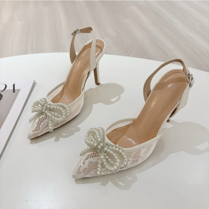 New Women's Pearl Bow Lace High Heel Sandals Pointed Sexy Versatile High Heel Sandals Size 35-41