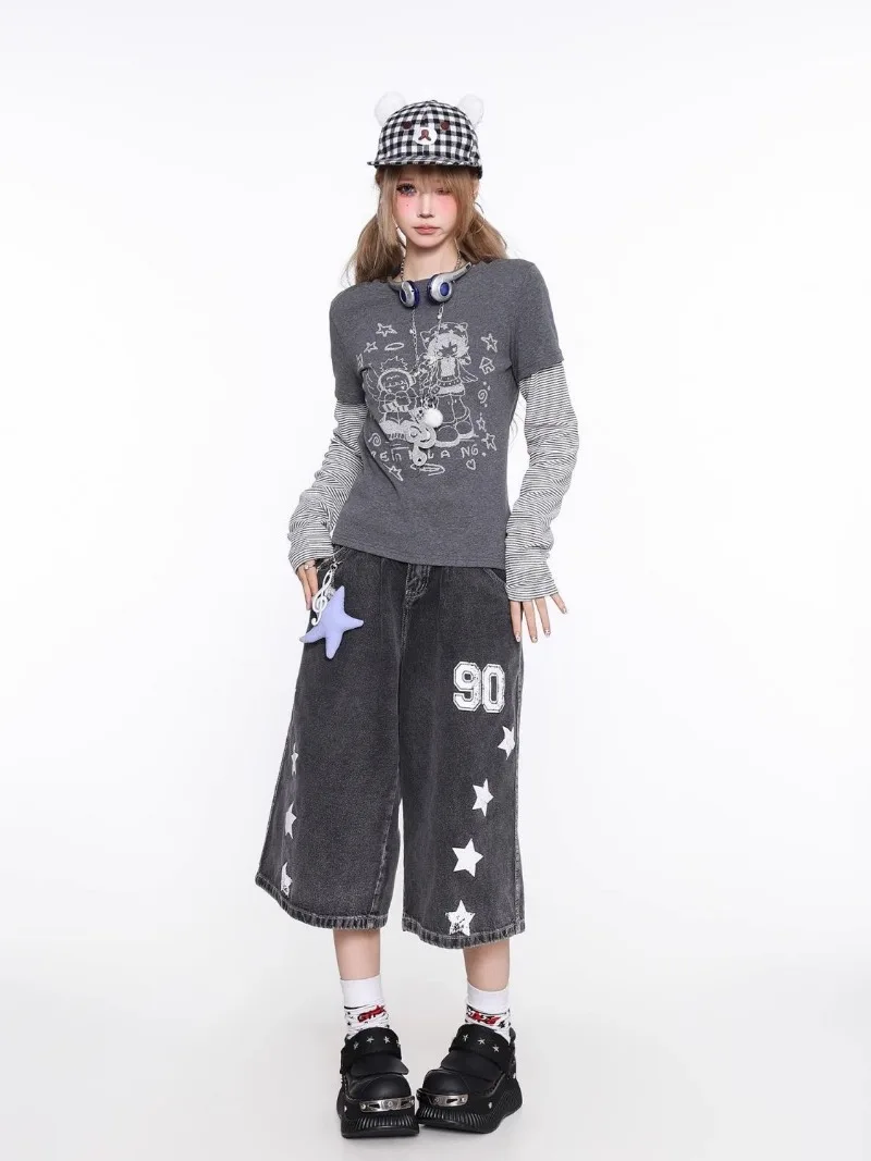 Women's Slim Fit Long Sleeve T-Shirt  Striped Top Color Block Cartoon Print Tshirt Casual Wear for Girls Y2K Subculture Fashion
