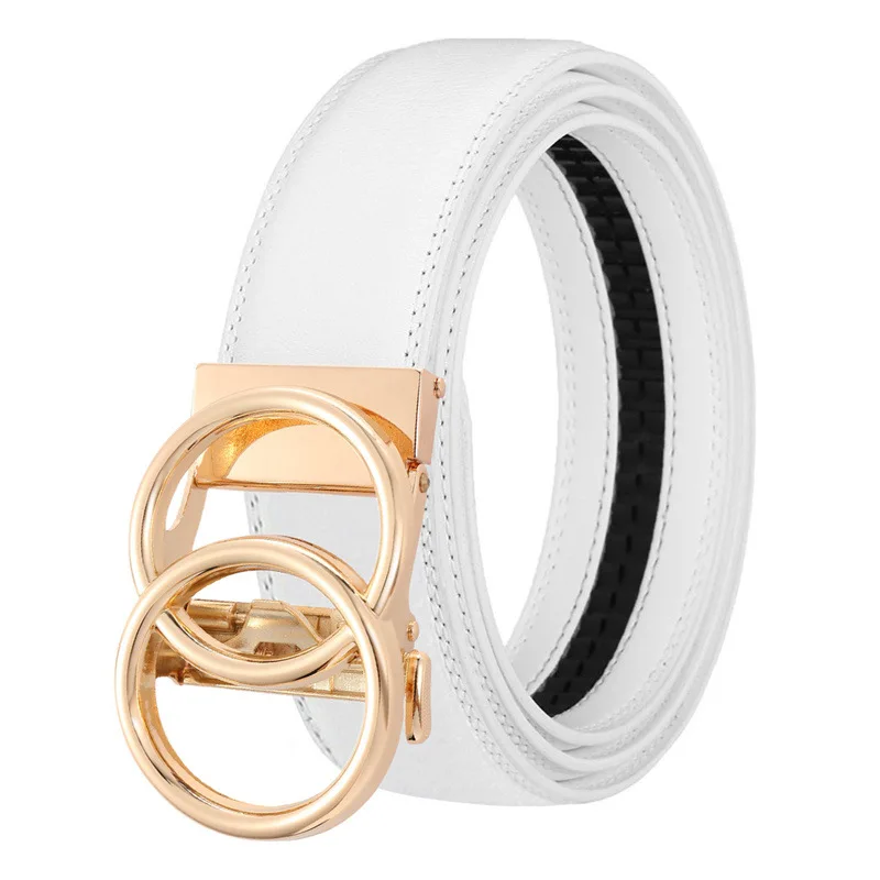 Herren Mode Einfacher Rindsledergürtel mit Doppelring-Automatikschnalle Stilvoller Gold-Silber-Legierungsgürtel für Hosen – Detail 6