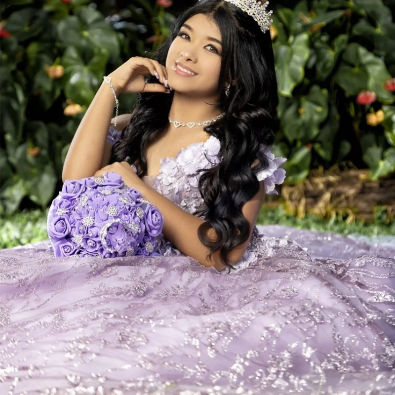 

Блестящее фиолетовое платье Quinceanera с открытыми плечами, блестящая 3D цветочная наклейка, тюлевые платья de 15, Quinceanera ﻿ Индивидуальный
