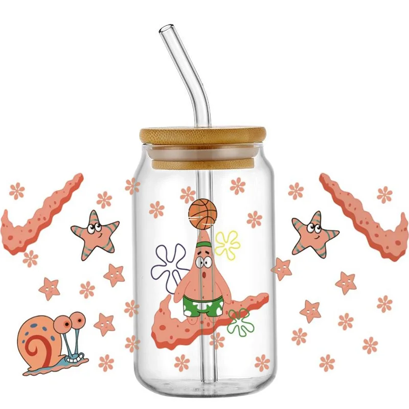 Sponge Cartoon Character UV DTF Wraps Cute Ocean Friend Pattern Waterproof DIY Transfer Decals for 16oz Libbey Glass