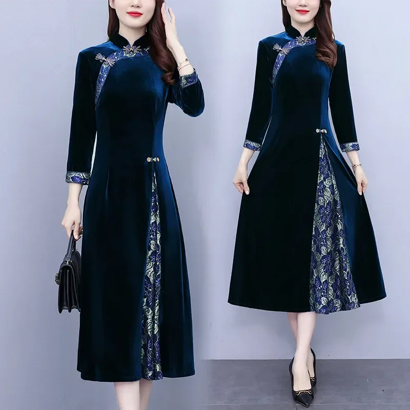 

Improved Cheongsam Dress For Women Spring Autumn New Middle-aged Mother Golden Velvet Dresses High End Elegant Party Dress 5XL