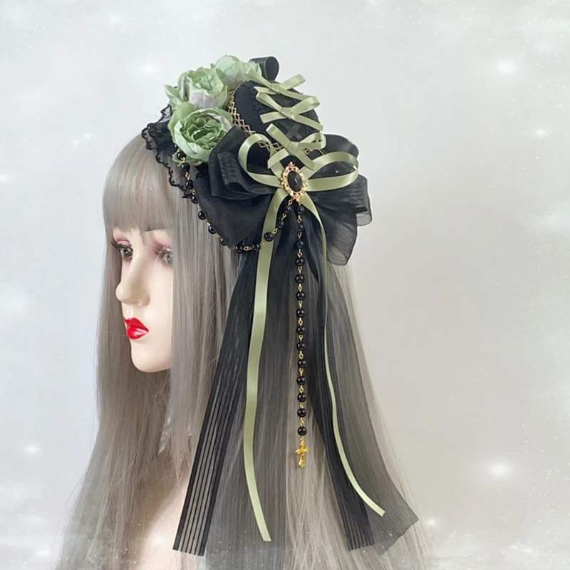 Coiffure Lolita de Style gothique, 1 pièce, nœud en dentelle Rose, petit chapeau plat élégant, couvre-chef pour fille, accessoires pour cheveux Cosplay d'halloween