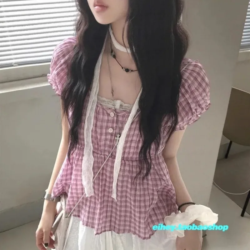 

High Street Contrast Color Plaid Sweet Short Sleeve Shirt Women 2025 Summer New Korean Pleated Fashion All Match Tops