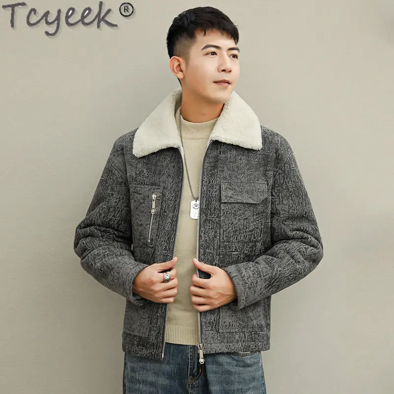 Tcyeek 2023 Real Fur Jacket Man Winter Clothes Genuine Leather Motorcycle Jacket Short Natural Sheepskin Fur Coat Male Chaquetas