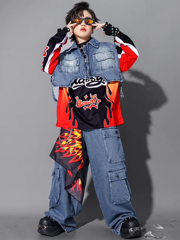 Kinder-Streetdance-Auftrittsoutfit Jungen Hip-Hop Denim-Kleidungsset Atmungsaktive Polyesterfaser Rundhals-Print-Design – Detail 22