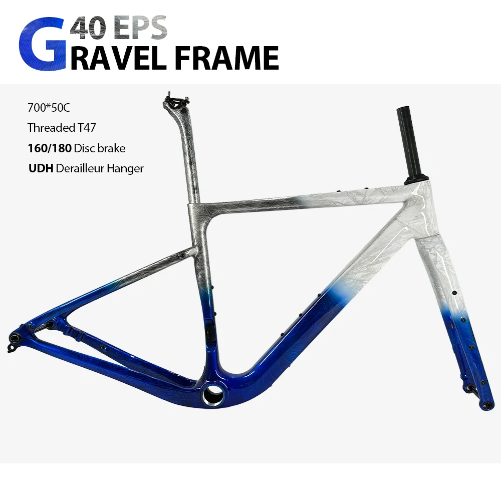 

G40 Carbon Gravel Frame 160/180 Disc Brake 700C*50C Threaded T47 Hidden Cable UDH Gravel Bicycle Frameset Ice Crackle Finish
